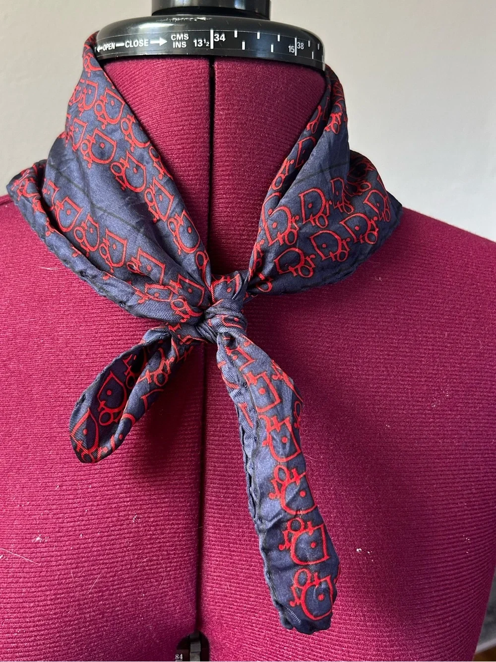 ·Christian Dior· Vintage Navy and Red Silk Logo Scarf